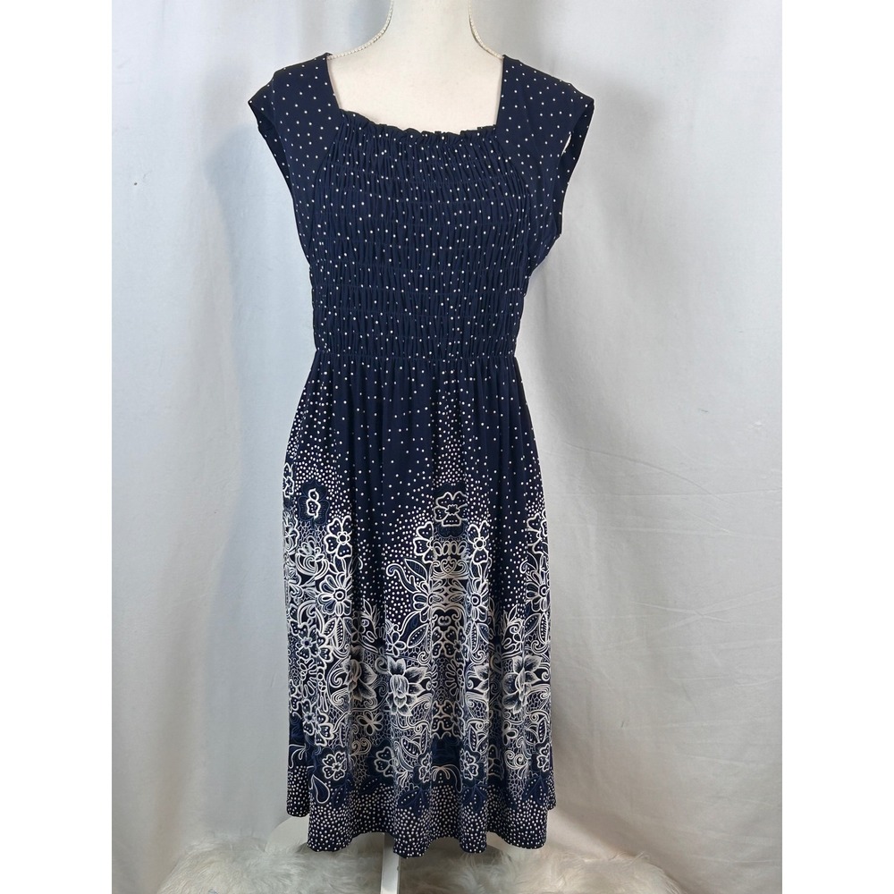 Perceptions New York Navy Blue Polka Dot Floral Smocked Midi Dress Womens Medium